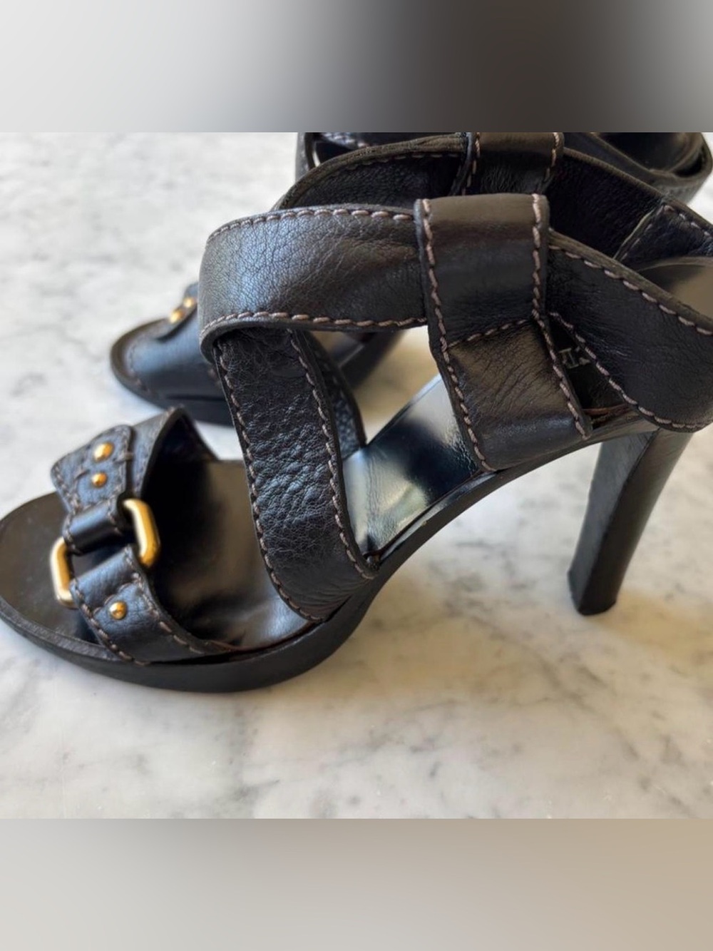 Chloe Black Leather Strappy High Heel Sandals with Gold Accents